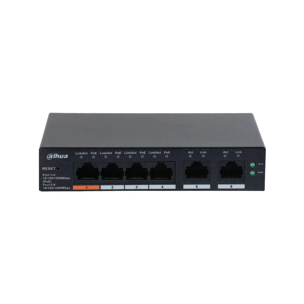 Switch Dahua gestionable Layer2 en la nube. 4 puertos PoE Gigabit. 2 puertos RJ45 Uplink Gigabit. 